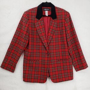 Vintage Sag Harbor Jacket Women US 14 Red Plaid Wool Blend Academia Old Money